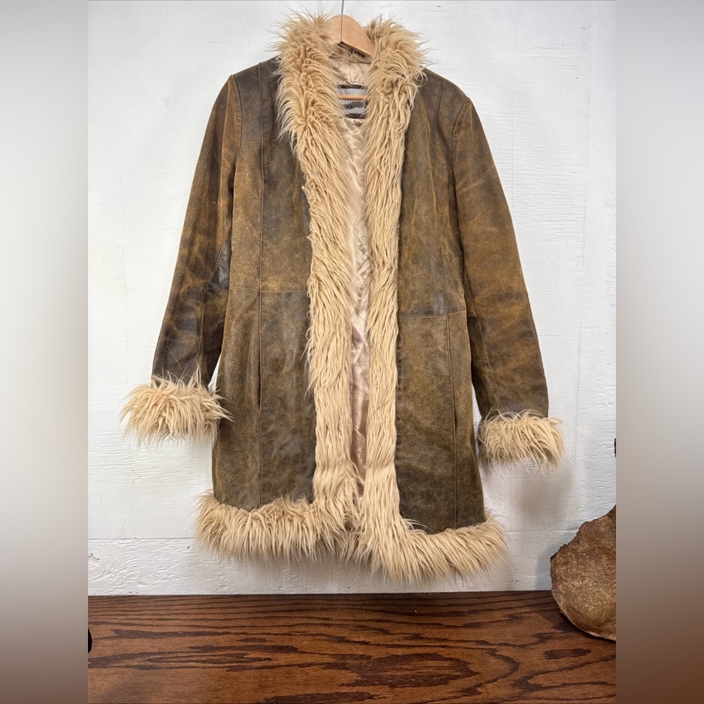 Wilson Leather Maxima Brown Distressed Leather Faux Fur Trim Long Coat